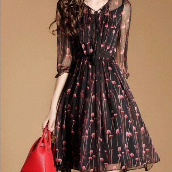 Metisu Dresses & Skirts - Metisu M Black Sheer Pink Dandelion Print Mini Dress Mesh Sleeves Side Zip